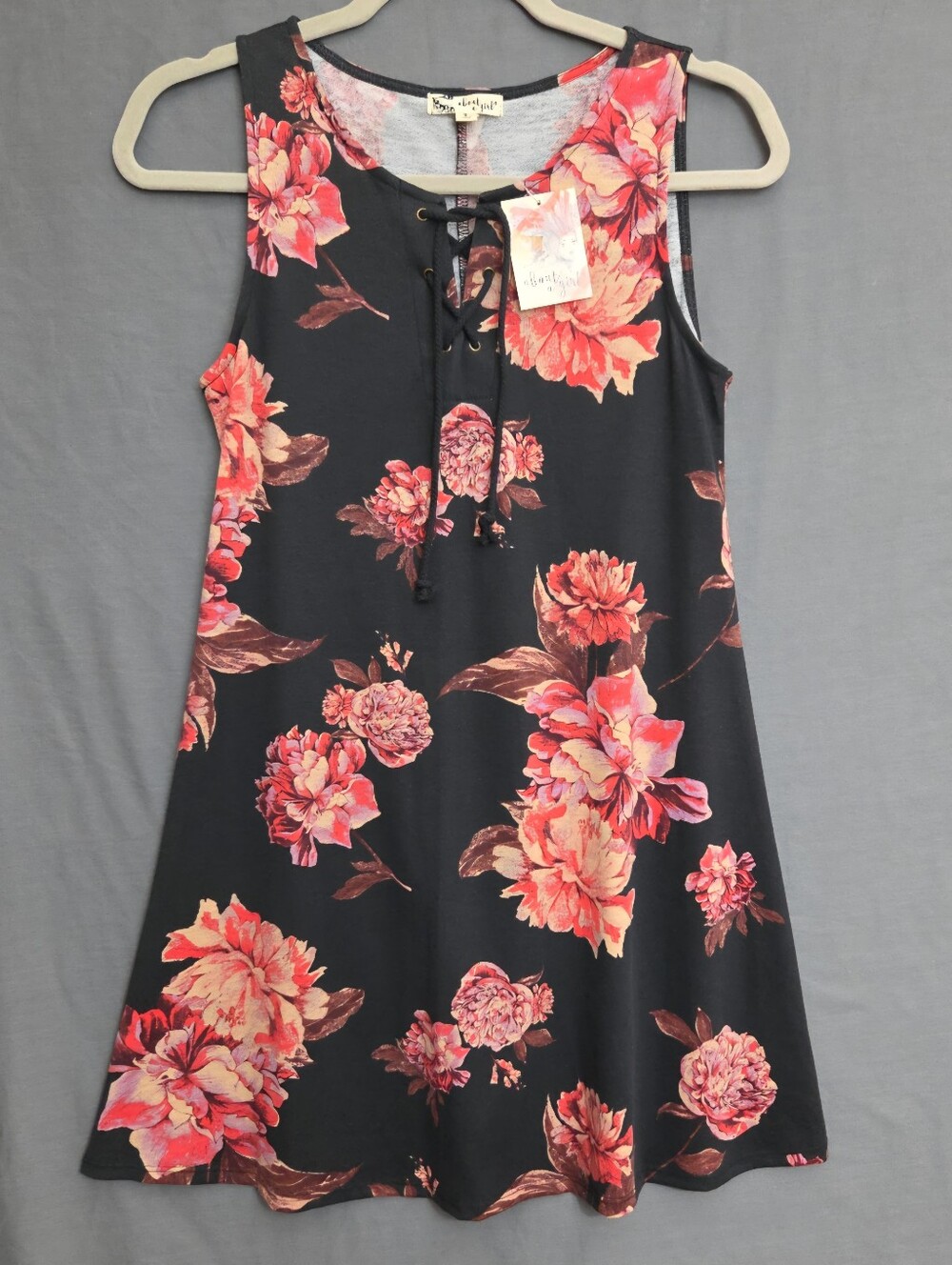 Floral Lace-Up Sleeveless Swing Dress - Black with Coral Pink Blooms